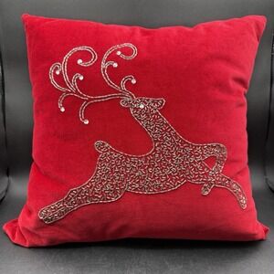 Pier 1 One Red Velvet Holiday Christmas Reindeer Throw Pillow 17" Square Elegant